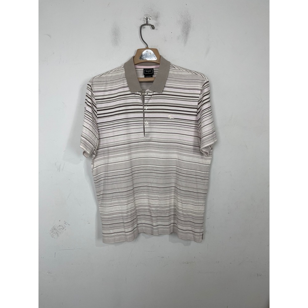 Lacoste Mens Striped Polo Shirt Tan Brown White Short Sleeve Cotton Size 5 L